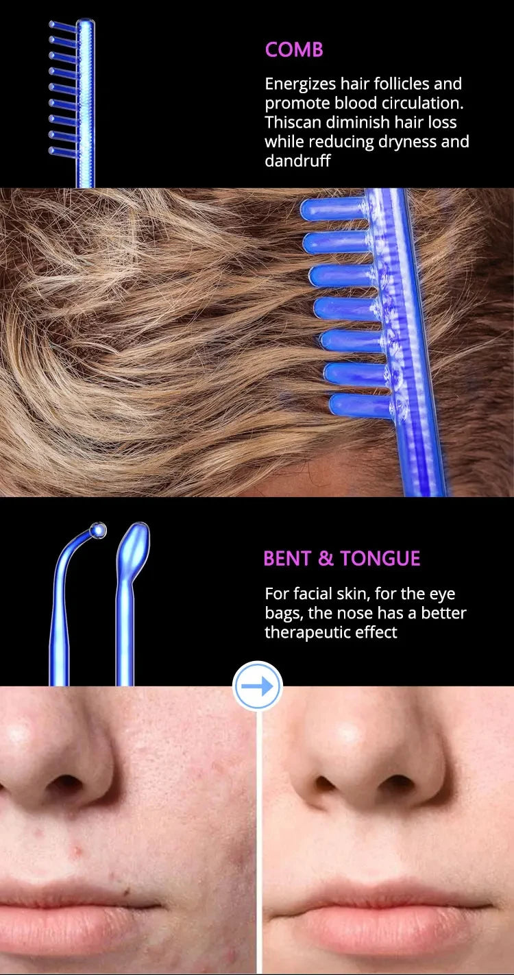 DARSONVAL-High Frequency Facial Machine, Blue 6 in 1, Anti-Aging Facial Therapy, Acne Tool, Fusion Neon, Argon Wands, Skin Care