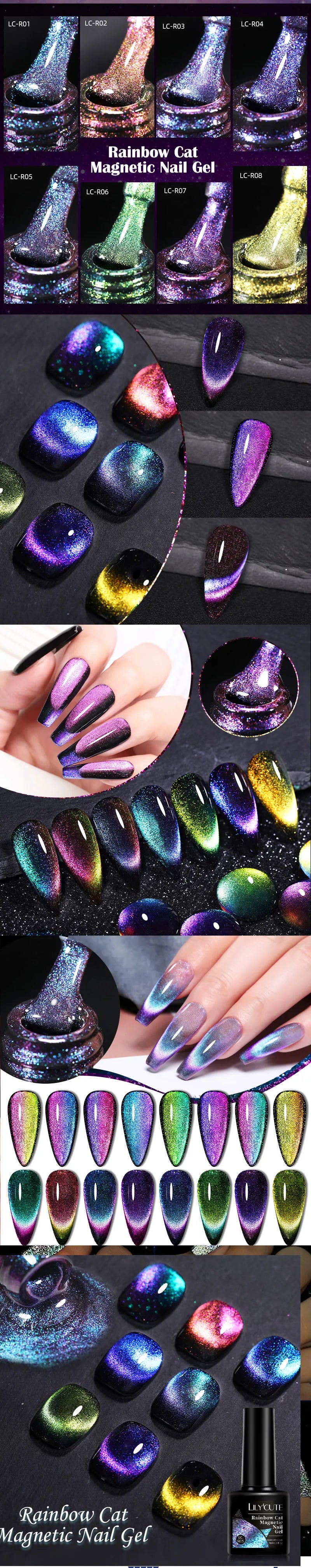 LILYCUTE 9D Rainbow Reflective Cat Eye Gel Nail Polish – Magnetic Glitter Gel Polish | Sparkling Snow Light Effect | 7ml